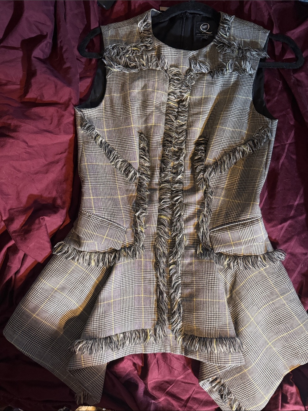 Mcqueen Plaid Fringe-Trim Sleeveless top in Gray and Yellow